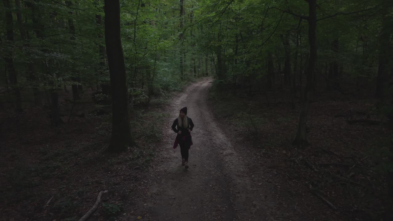 Una persona con uno zaino cammina lungo uno stretto sentiero sterrato, circondato da alberi alti e vegetazione lussureggiante in una foresta tranquilla. L'ambiente naturale evoca un senso di solitudine e connessione con la natura.