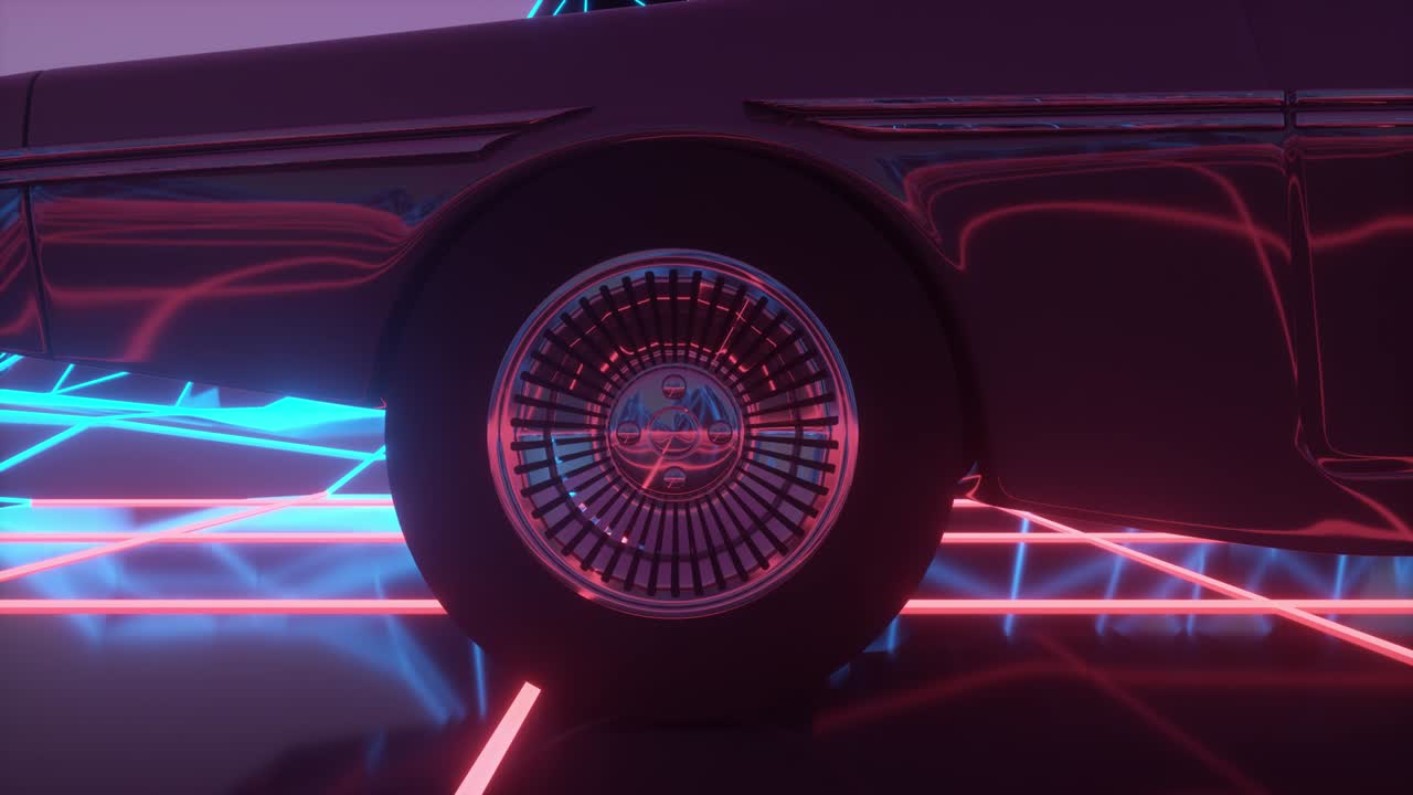 Retrowave VJ landscape, car, neon lights and low poly terrain grid. Futuristic car wheel close up