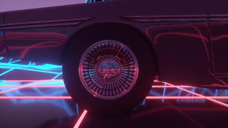 retrowave vj landscape, car, neon lights and low poly terrain grid. futuristic car wheel close up