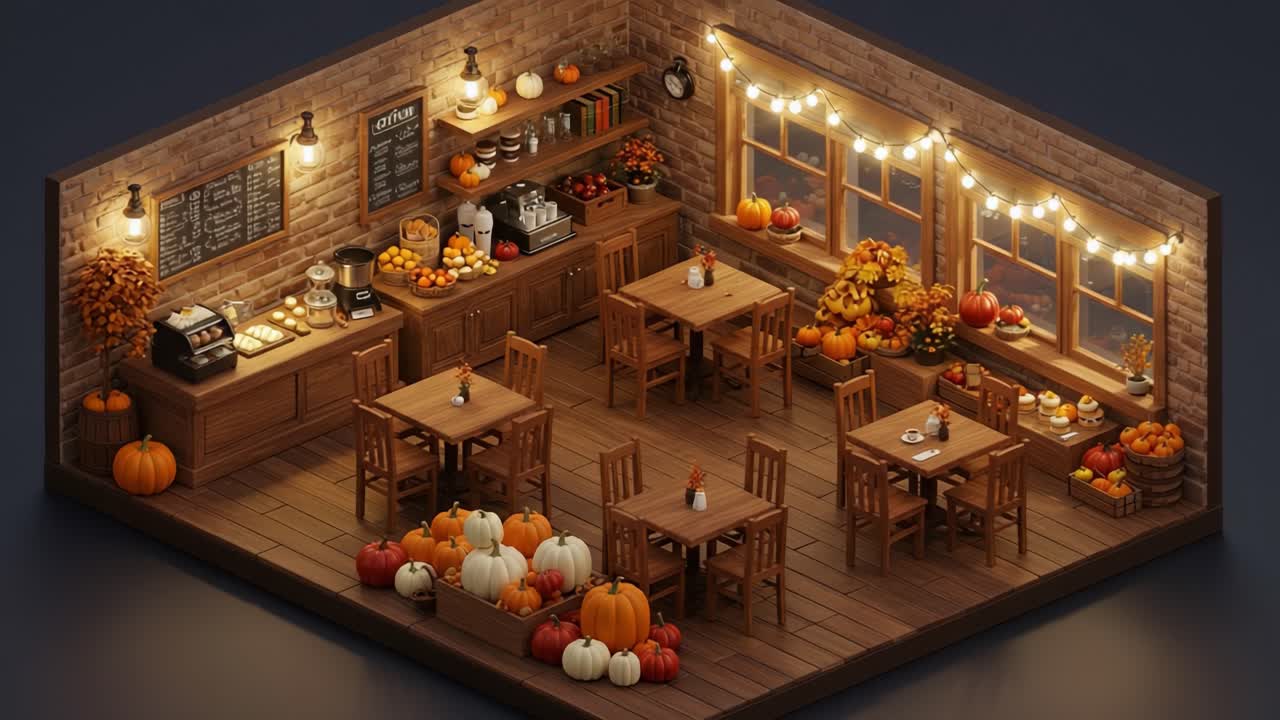 Charming Autumn Café Decor Featuring Wooden Furniture, Pumpkin Display, and Cozy Lighting – A Warm Atmosphere for Enjoying Seasonal Delights