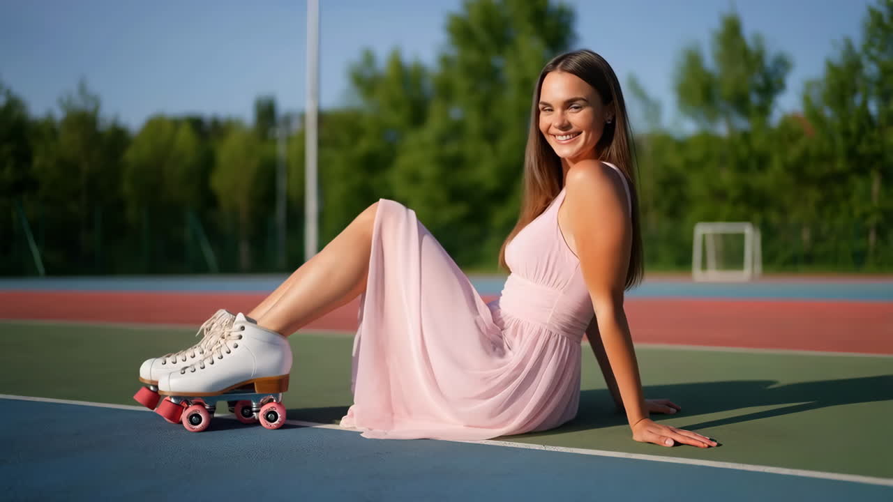 Donna sorridente con pattini a rotelle su un campo all'aperto
