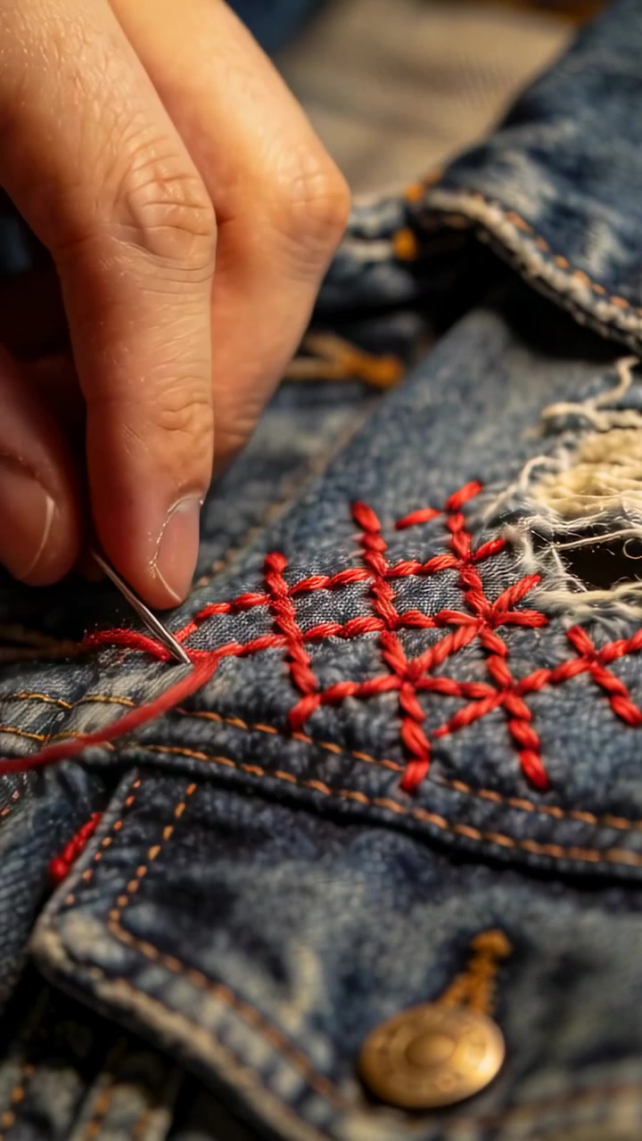 Hand pushing needle through frayed denim, stitching red cross-hatch grid mending tear for tailoring