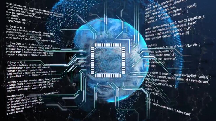 Microchip lighting initiating data bands and circuits blue Earth rotating showing global data flow