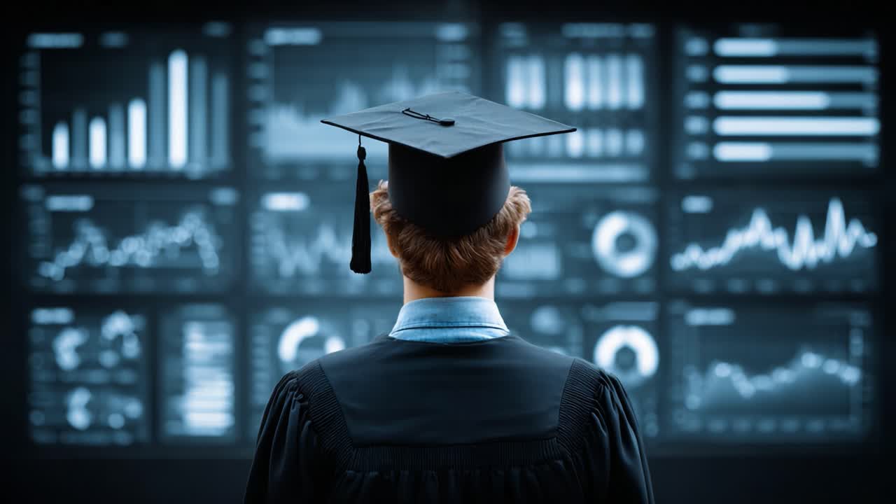 A graduate reflecting on a data-rich future, standing tall in academic regalia, surrounded by vibrant analytics and visualizations that symbolize potential and opportunity