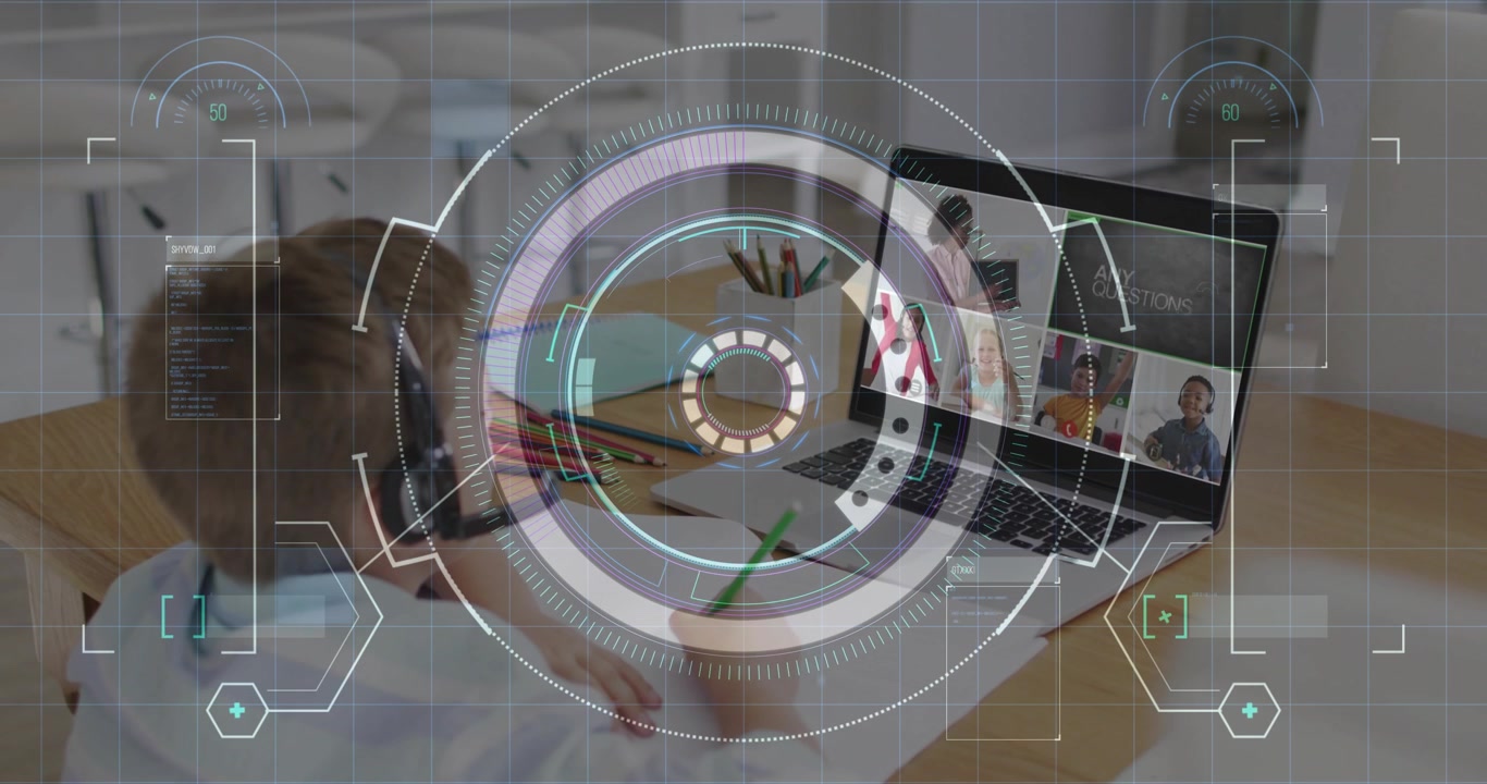 Boy student picking up green pencil during online class, generating rotating HUD overlay