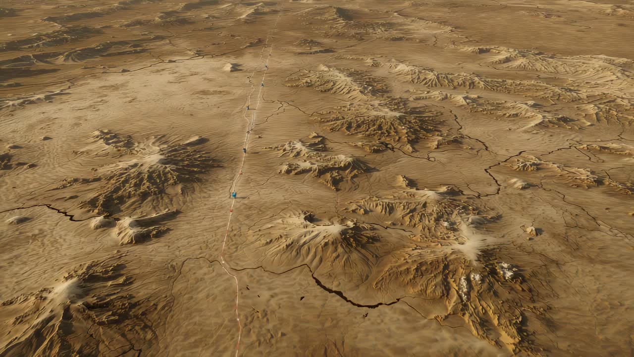 Lowering camera, drone following straight track over cone field, surveying cones, blue truck moving