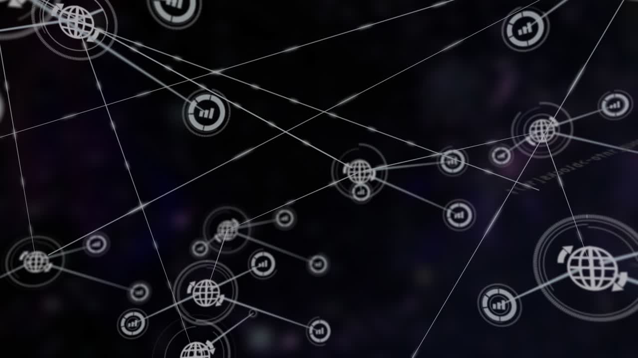 Animazione di una rete di connessioni con icone ed elaborazione dati.