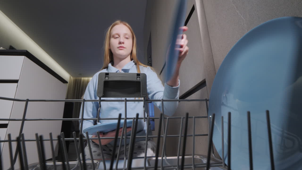 십대 소녀가 접시 세탁기를 고 있다