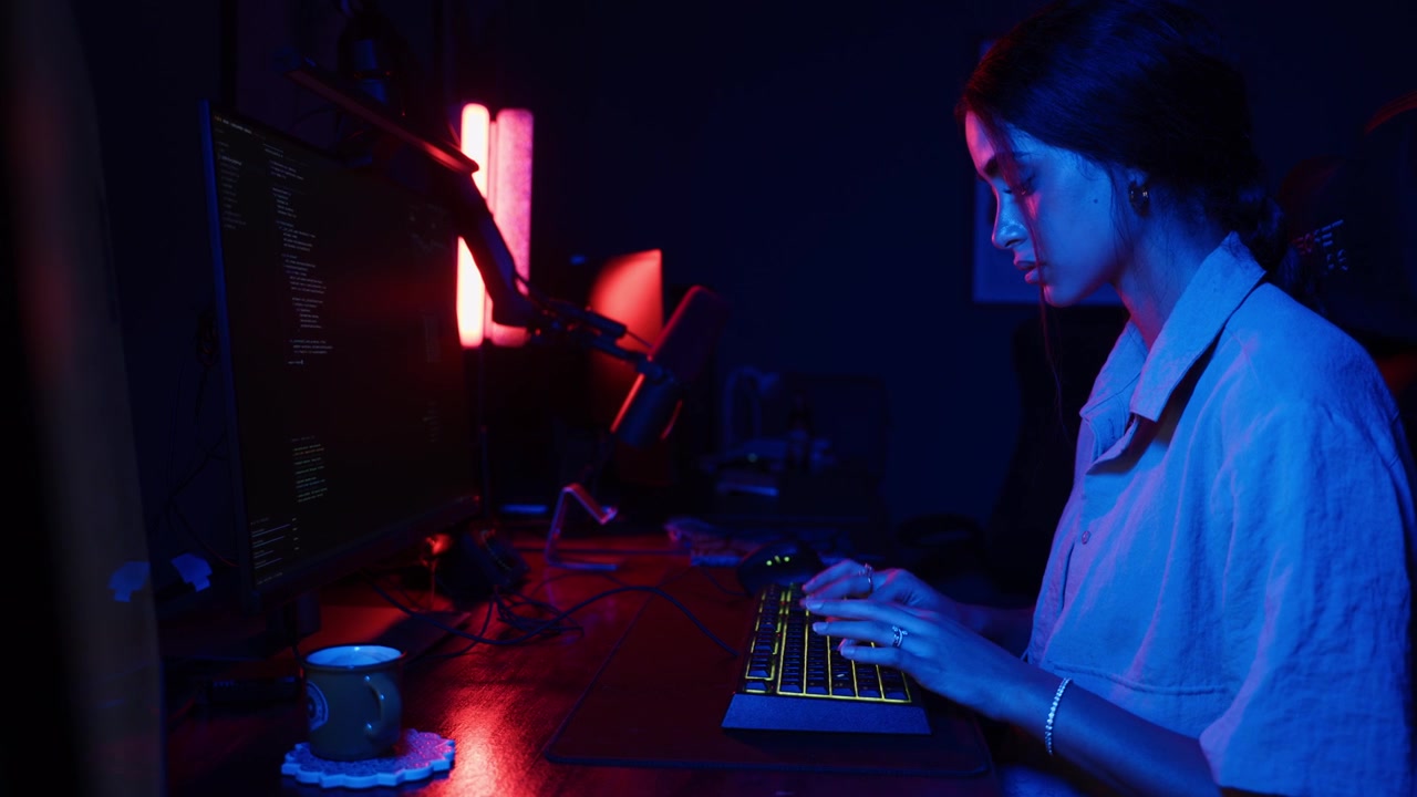 Giovane donna che programma al computer in una stanza buia con luci al neon