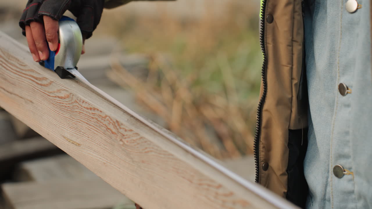 Mani in primo piano misurano e marcano una tavola per la riparazione, con un metro a nastro premuto contro il bordo del legno. Si notano le venature del legno, mentre le dita guantate allineano la misurazione, focalizzando tattilmente sulla precisione prima del taglio.