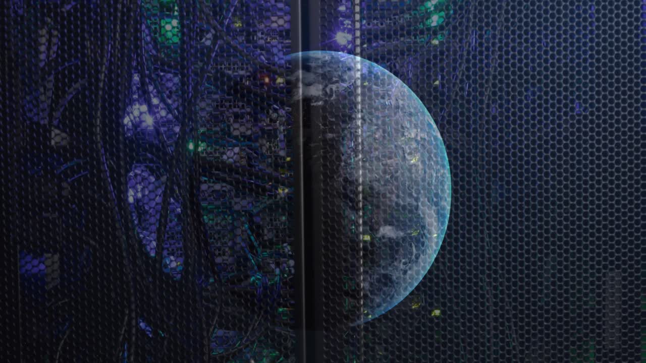 Animation of globe over illuminated back panel of server rack in server room