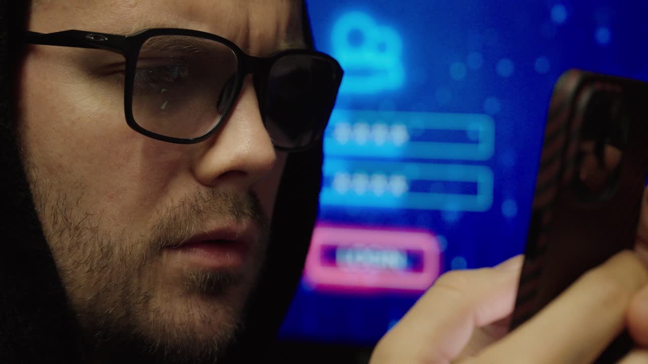Close-up of a man using a smartphone with a login interface in the background, representing two factor authentication, enhanced account security, and protection against unauthorized access
