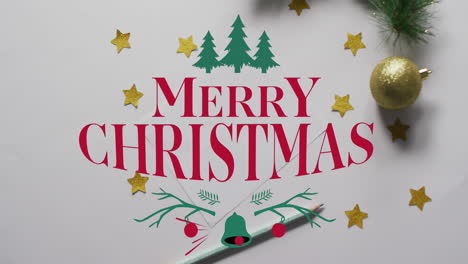 animation of merry christmas text and christmas trees over decorations