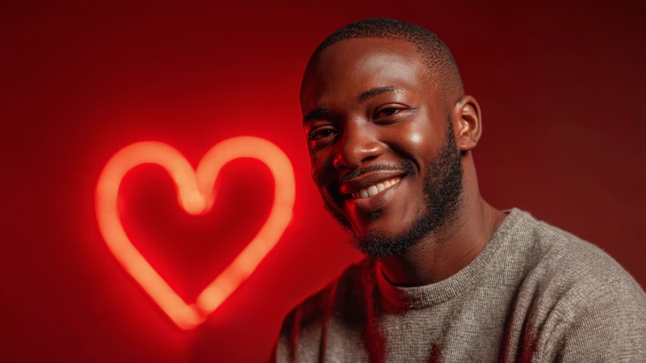 A Heartwarming Portrait of a Smiling Individual Against a Romantic Neon Heart Background, Capturing the Essence of Joy and Love in a Vibrant Atmosphere
