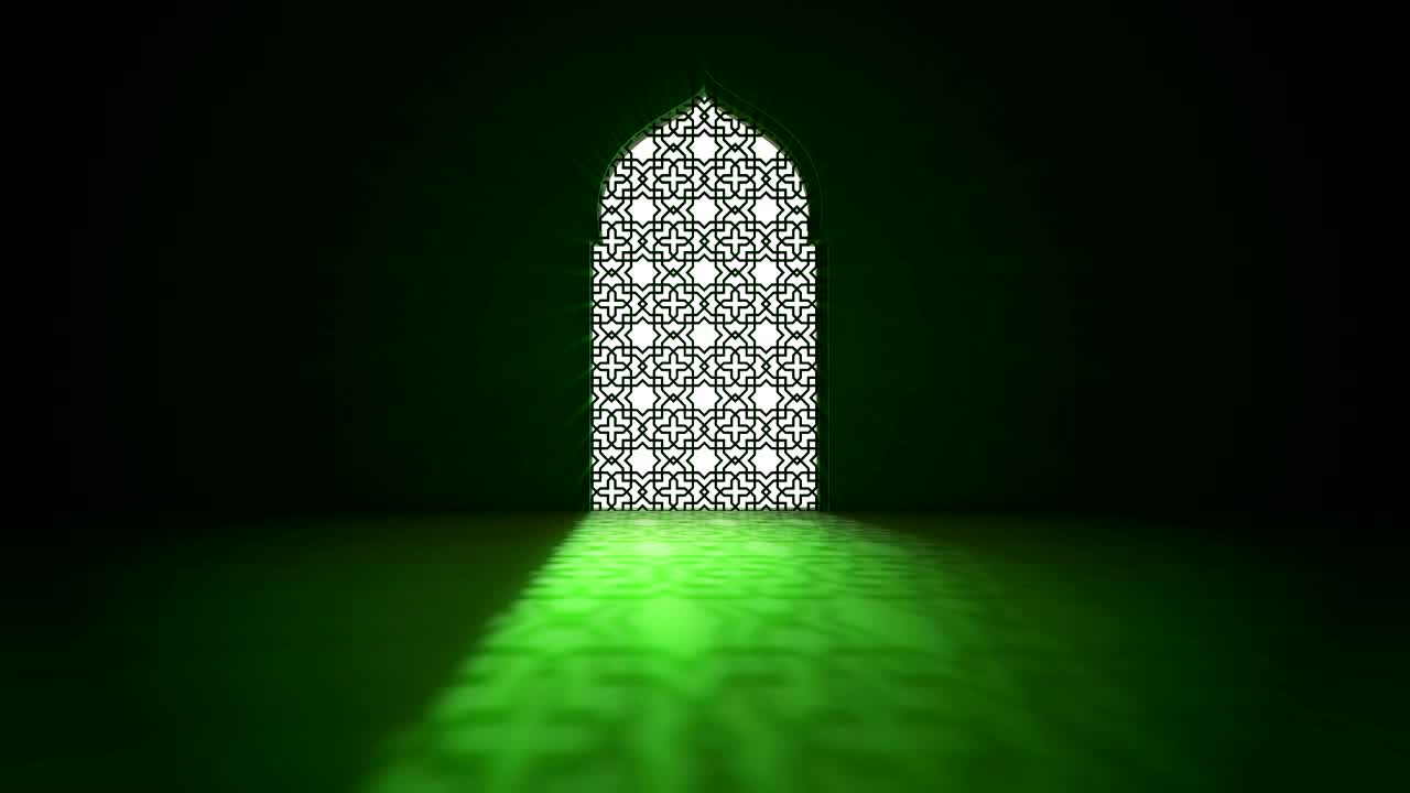 ventana o puerta de la mezquita interior islámica con un haz de luz de rayo entrando en el interior. ramadan kareem fondo de movimiento islámico. animación 3d.