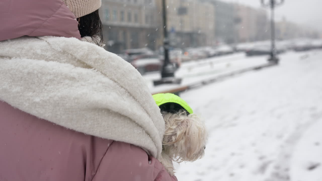 눈 속에서 개를 산책시키는 여자