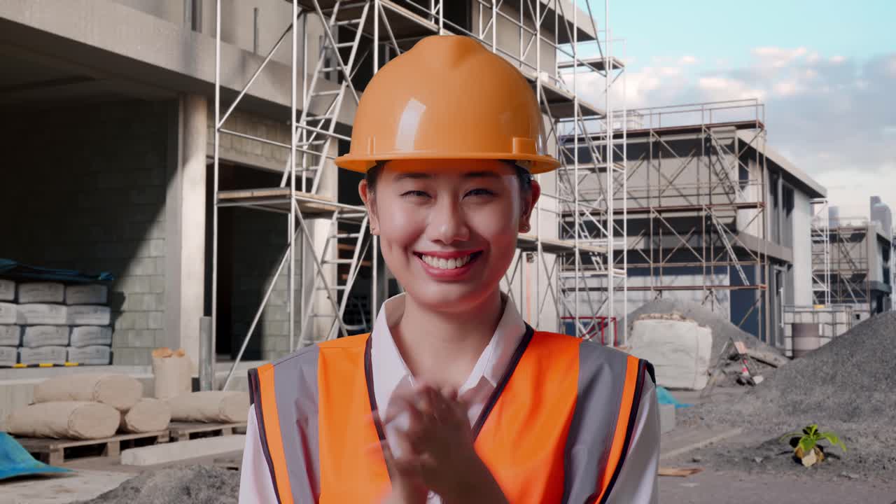 Close Up Of Asian Female Engineer With Safety Helmet Smiling And Clapping Her Hands While Standing At Construction Site in Progress to New House