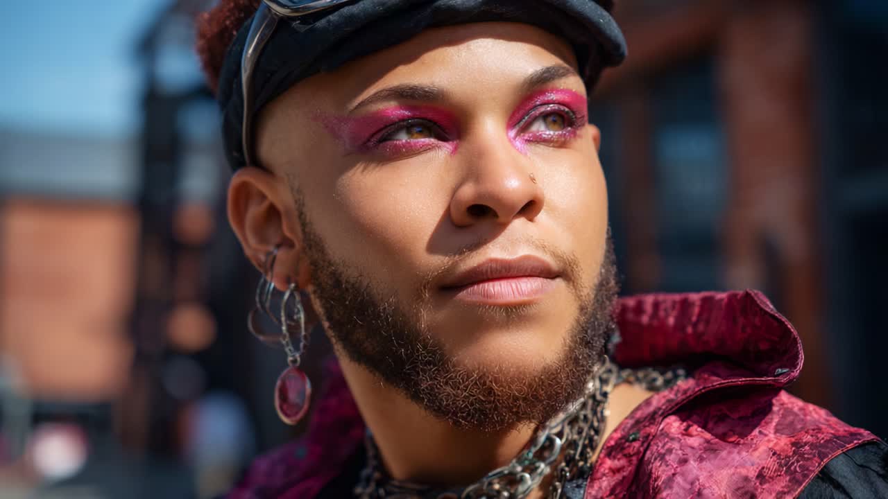 Un primo piano che ritrae una persona alla moda che mette in mostra un trucco vivace, accessori unici e una posa d'effetto in un ambiente urbano durante le ore diurne