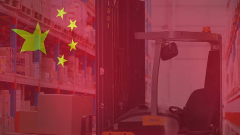 animation of flag of china over forklift truck storage warehouse