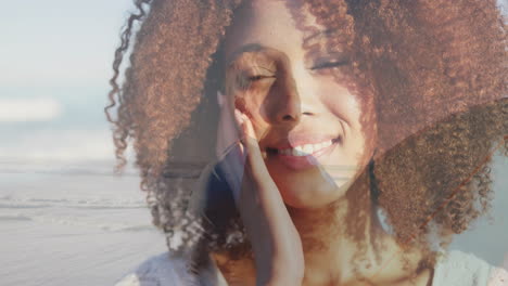 overlaying serene beach landscape, woman with curly hair creating animation art
