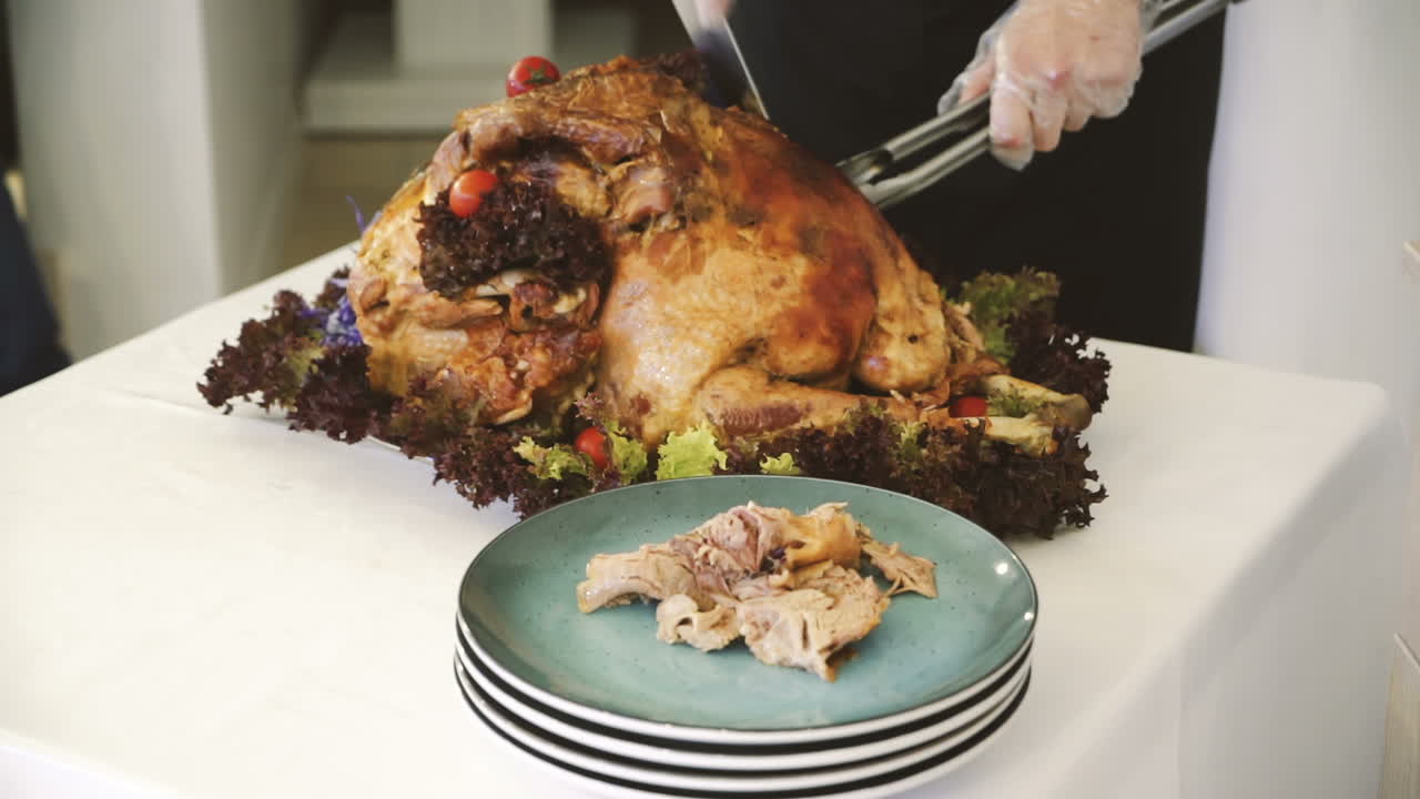 Delicious hot roast turkey for Thanksgiving or Christmas dinner. Food. Juicy meat.