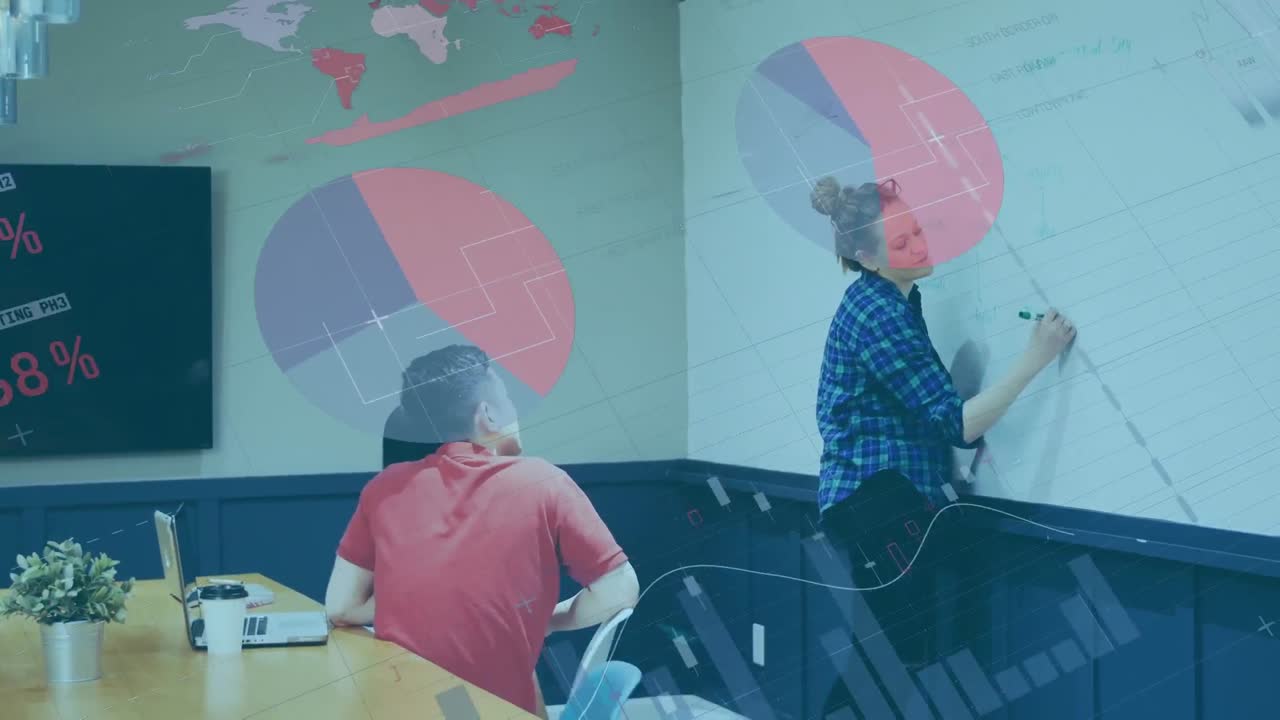 animación de la interfaz infográfica sobre una mujer caucásica explicando planes a un compañero de trabajo masculino.