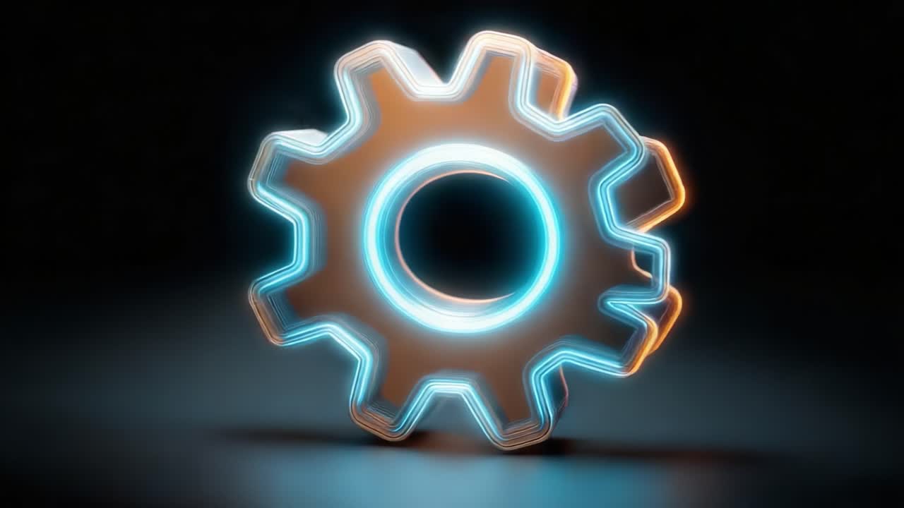 A Futuristic Gear Icon Glowing with Neon Blue and Orange Outlines, Symbolizing Mechanism, Technology, and Innovation in a Dark Background