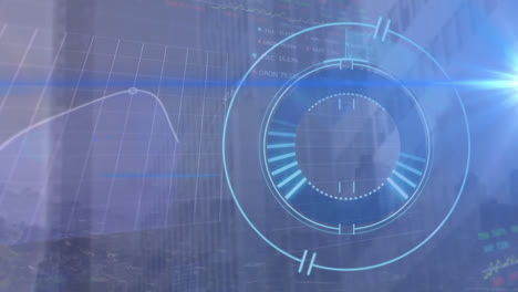 Animation-of-round-scanner-and-stock-market-data-processing-over-aerial-view-of-cityscape