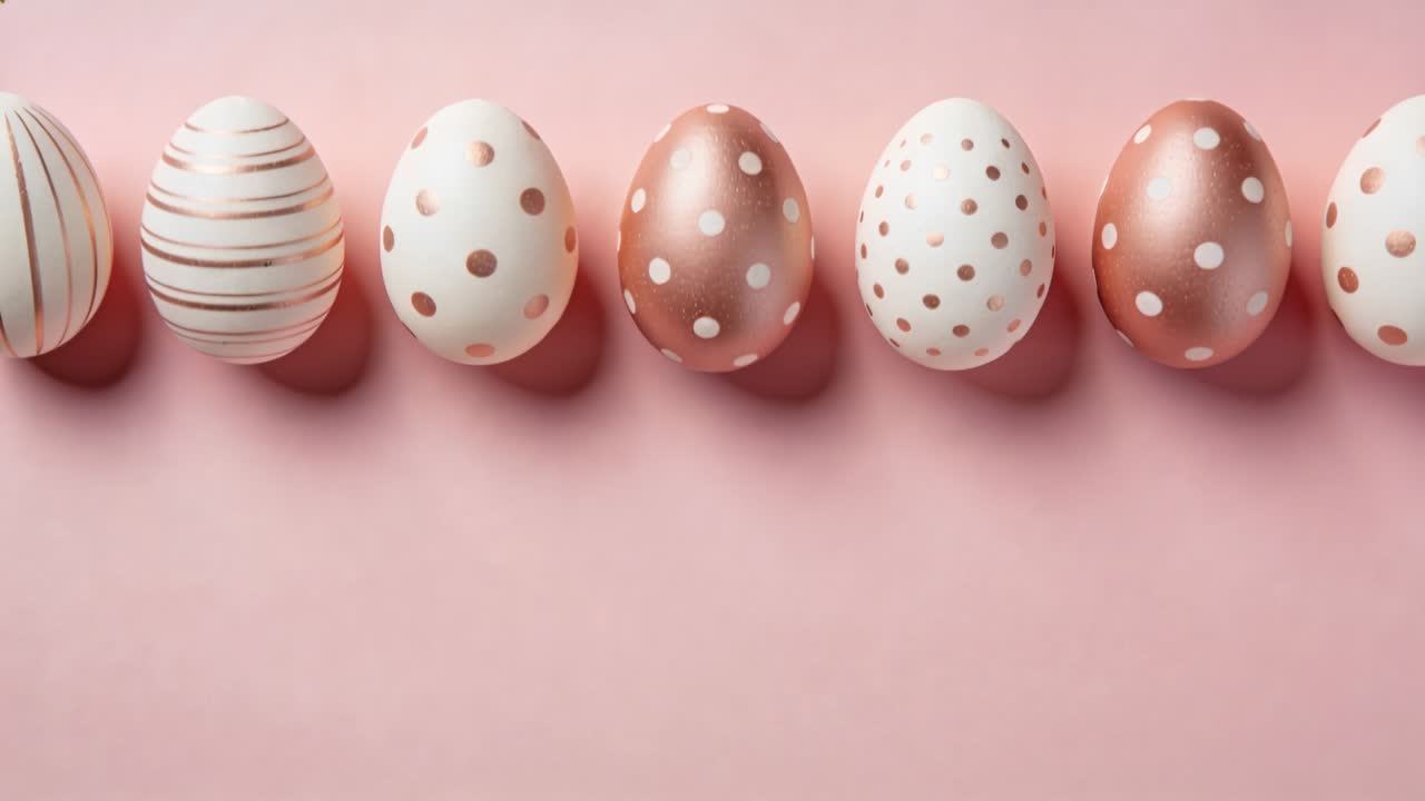 Widening frame revealing centered row of decorated eggs near top, emphasizing rose-gold dots