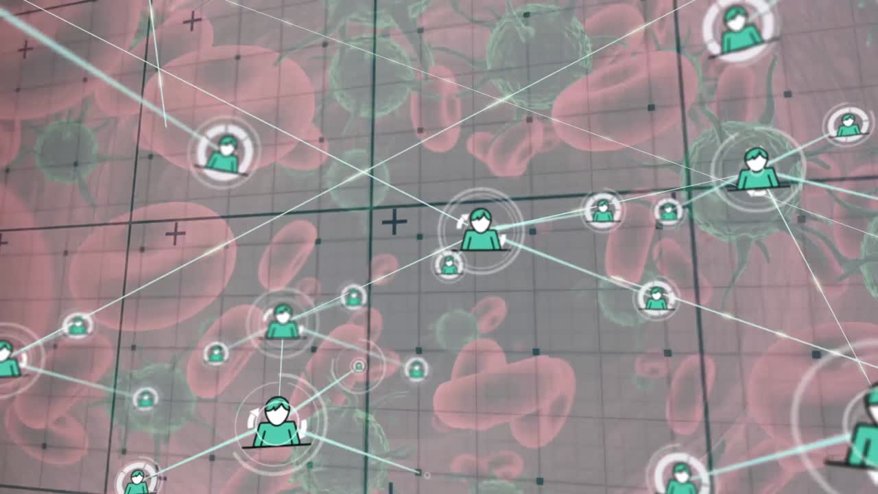 red de iconos de perfil sobre red de rejilla contra múltiples células y vasos sanguíneos de covid-19