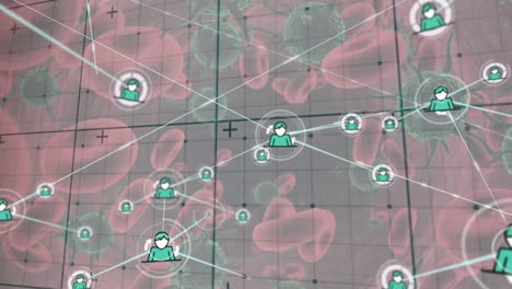 Network-of-profile-icons-over-grid-network-against-multiple-covid-19-cells-and-blood-vessels