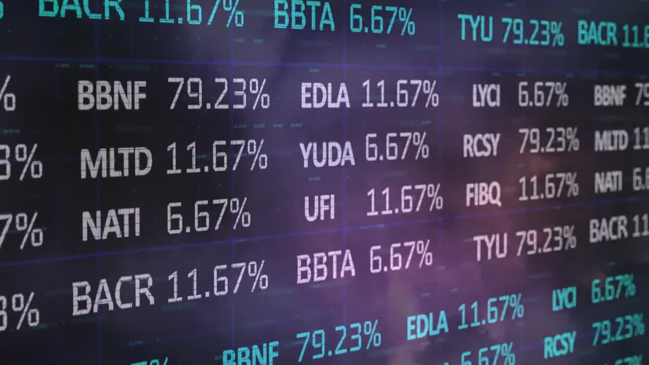 Animation of financial data processing over sky with clouds