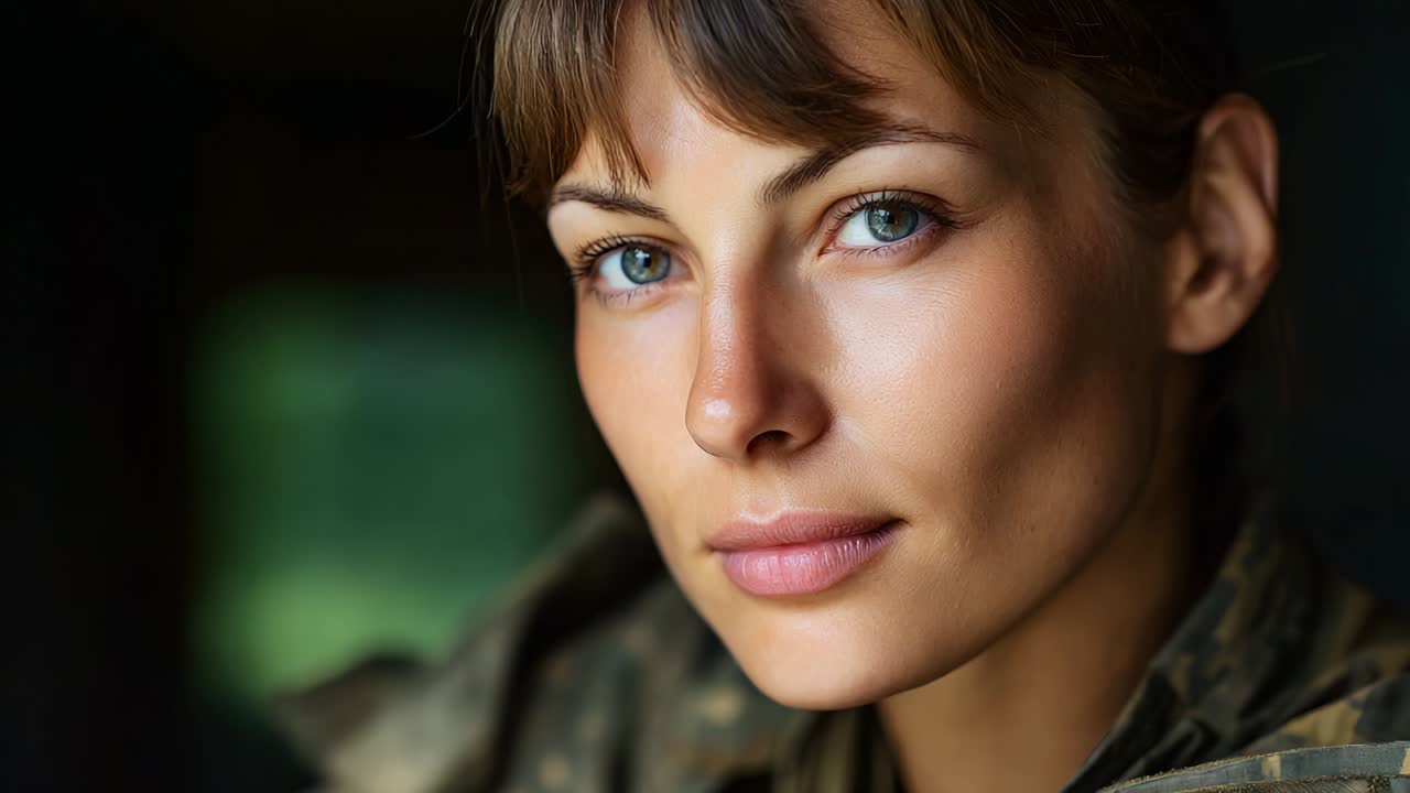 A Close-Up Portrait of a Female Soldier with Striking Blue Eyes and a Confident Expression, Capturing the Essence of Strength and Resilience in a Moment of Reflection and Camaraderie