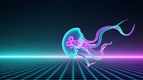 glowing jellyfish in retro grid world