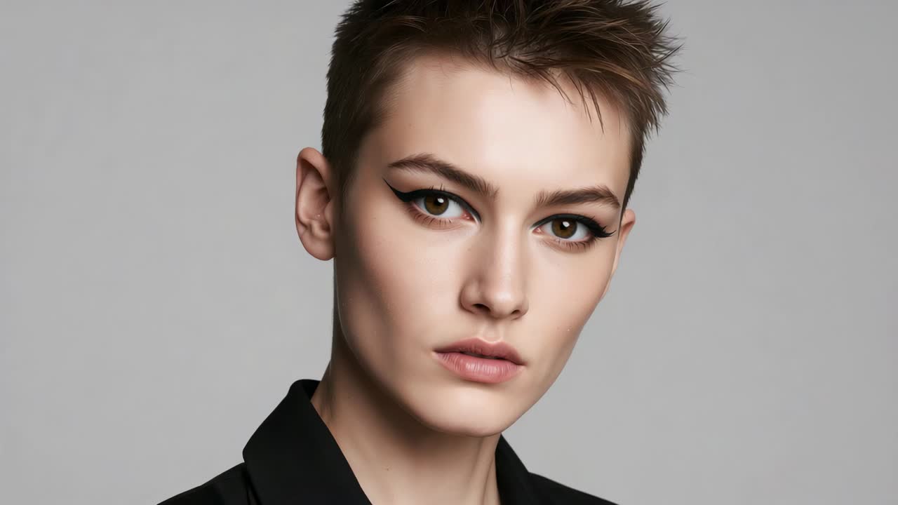 Modello che muove la testa e gli occhi in uno studio di ritratti, luci che cambiano, blazer nero e eyeliner alato