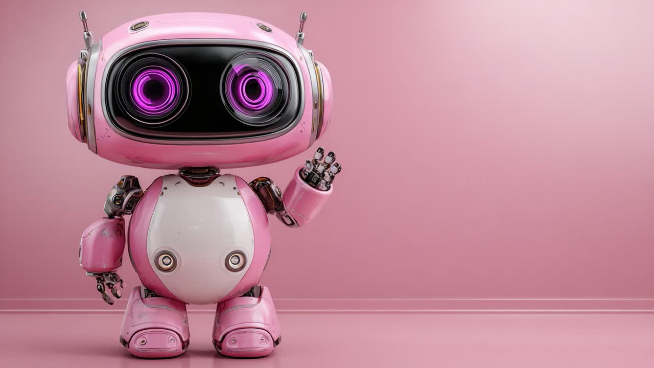 Affascinante personaggio robotico rosa che saluta allegramente su uno sfondo rosa minimalista, mostrando un design avanzato ed estetica giocosa.