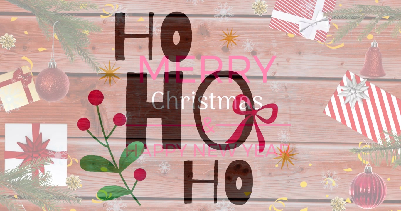 Biglietto di auguri di Natale animato con decorazioni festive su sfondo di legno