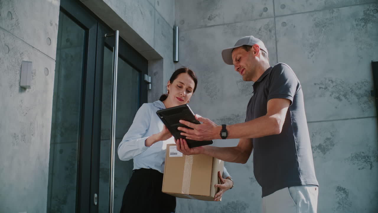 Courier Delivers Package to Woman Who Signs on Tablet at Home Entrance