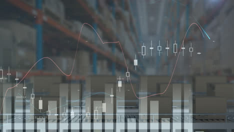 Animation-of-statistics-processing-over-cardboard-boxes-on-conveyor-belts-in-warehouse