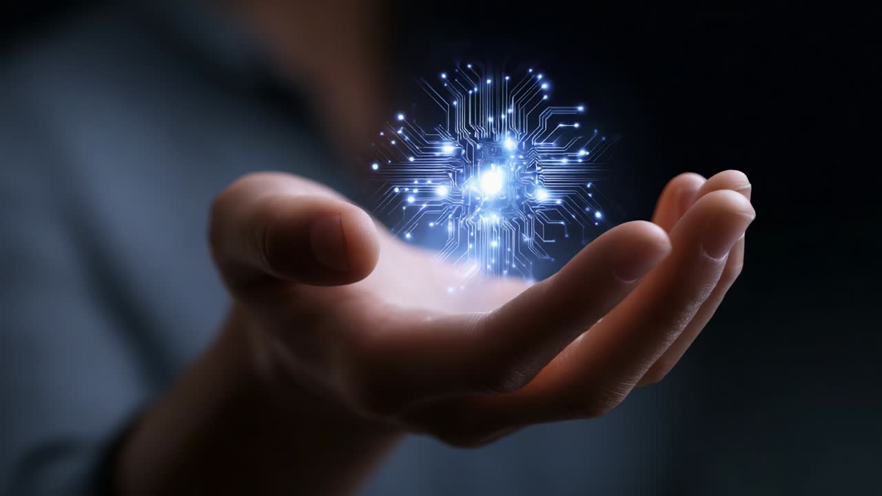 Illuminating the Future: A Hand Holding a Glowing Digital Snowflake with Circuitry Patterns, Symbolizing Technology, Innovation, and the Enlightenment of Modern Scientific Advancements