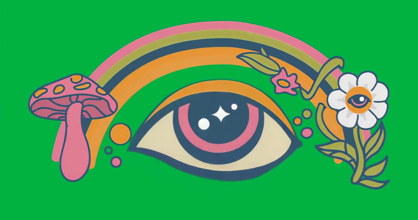 Loading graphic showing eye beneath rainbow with mushroom flower accents on transparent background
