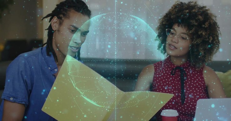 Man opening folder initiating hologram globe business data while colleague studying rotating data