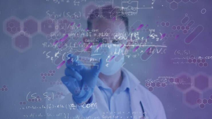 Animação de formas, fórmulas químicas e matemáticas sobre médico caucasiano em máscara facial com amostra
