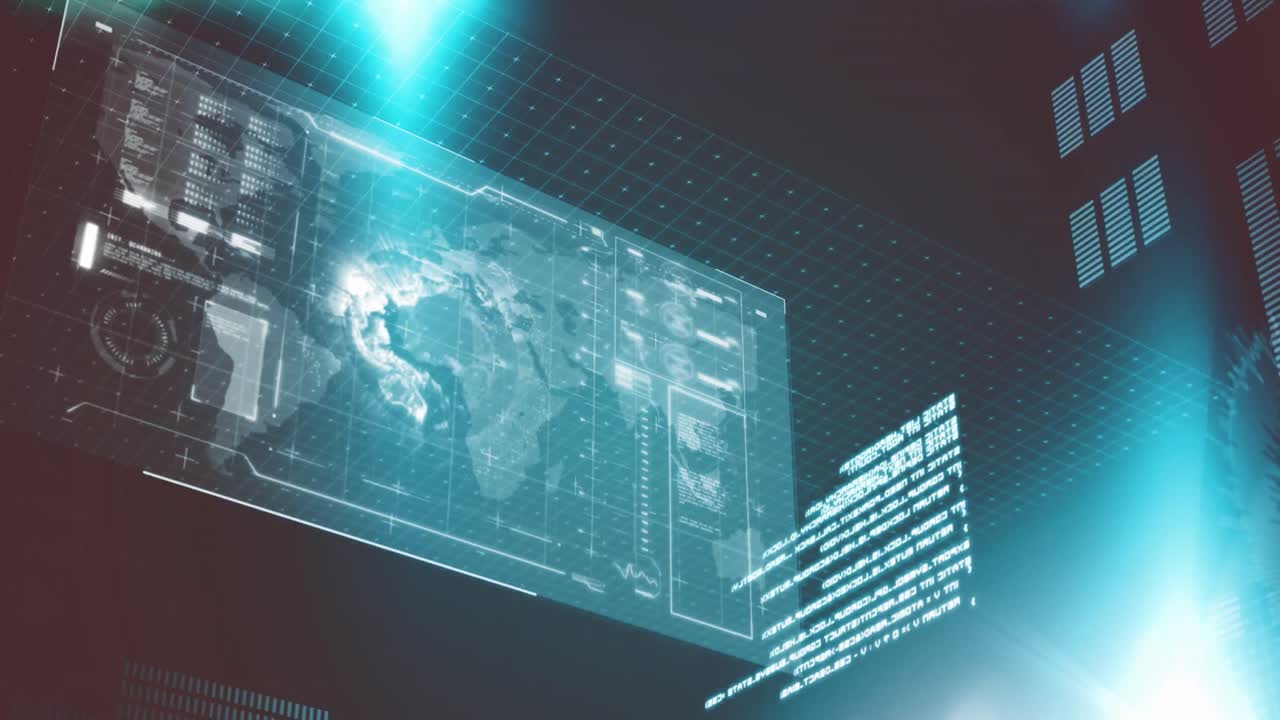 데이터 처리 및 회색 배경에 대한 파란색 빛 점과 인터페이스의 애니메이션