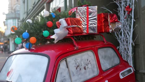 christmas decorated vintage red car