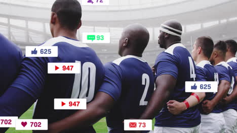 animation of icons and data processing over diverse rugby players