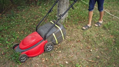 electric lawn machine during work. worker is cutting grass in the backyard in summer. gardening activity.