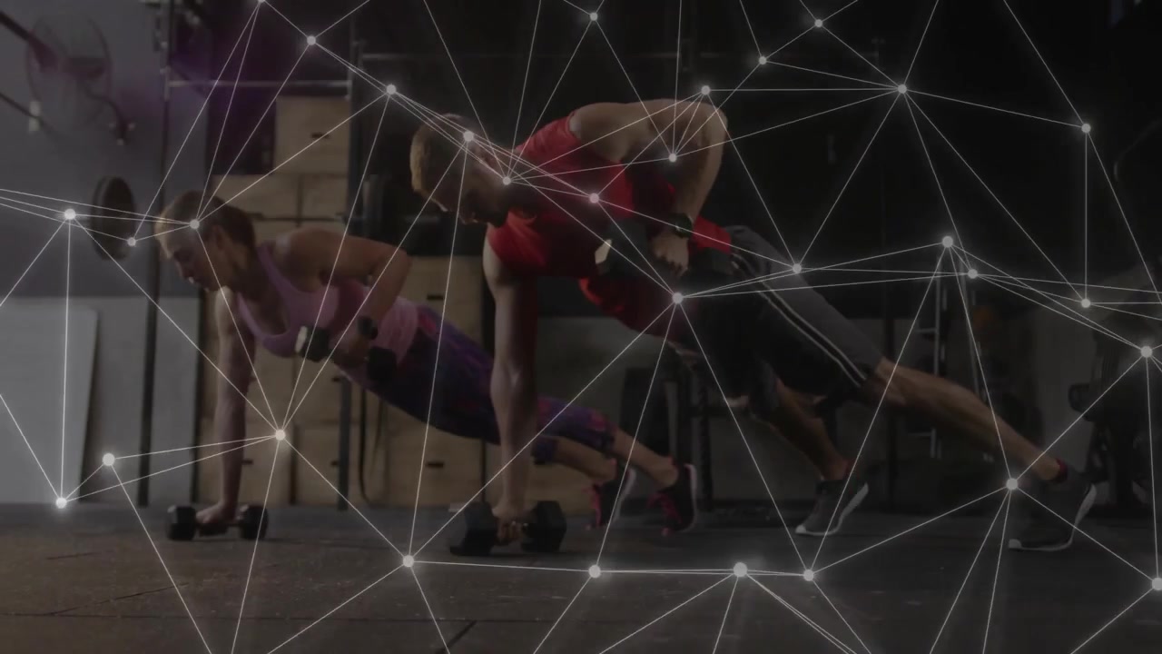 Partners starting plank on dumbbells, alternating rows for fitness, network overlay marking form