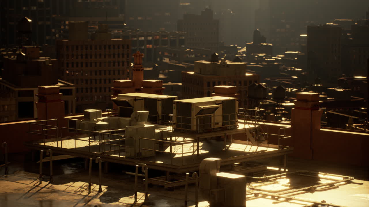 hvac 유이 있는 포스트 아포칼립스 도시 지붕