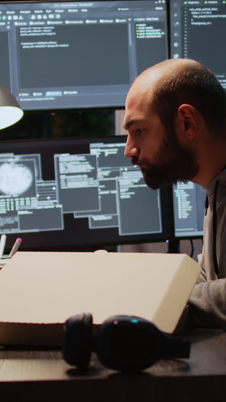 Video i stående format: Softwareudvikler, der spiser pizza fra udbringning